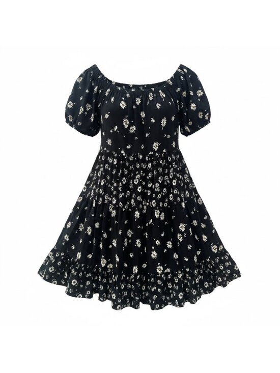 Maurices Dresses & Skirts - Maurices Size M Peasant Puffy Sleeved Mini Sundress Black Floral Tiered Ruffle